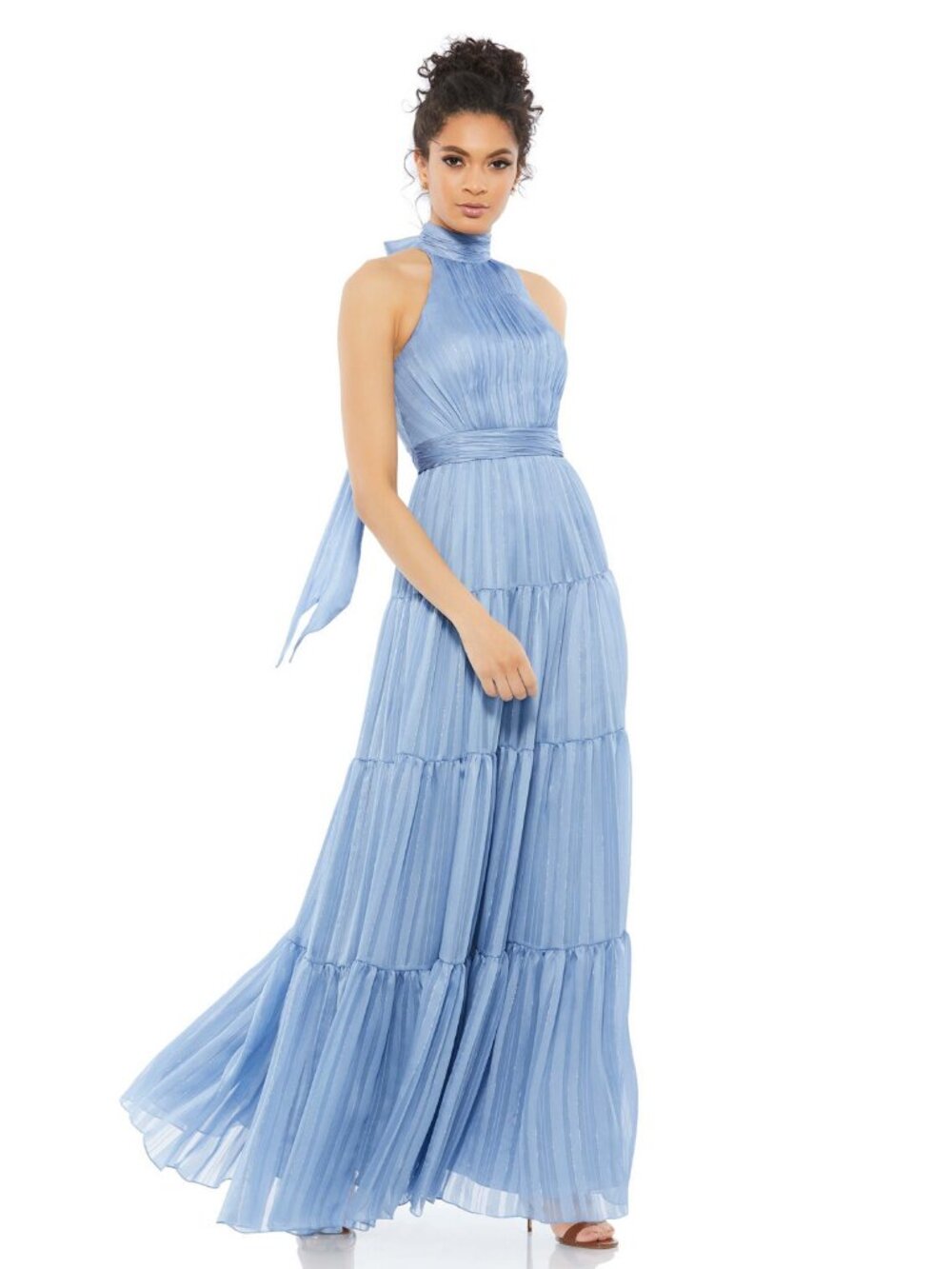 Mac Duggal Slate Blue Pleated Bodice Tiered Tie Neck Halter Gown